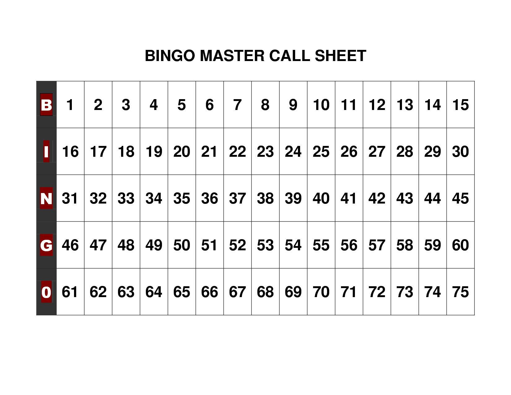 Bingo Numbers Calling